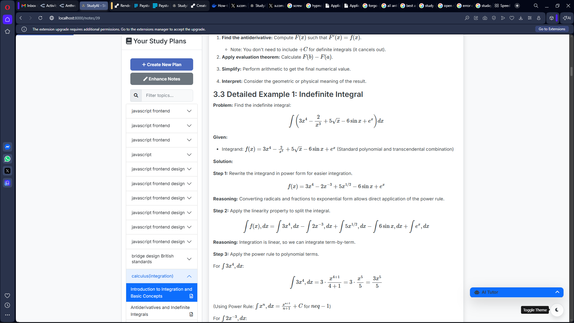 Screenshot of StudyAI converting a PDF into Math Notes/Quiz